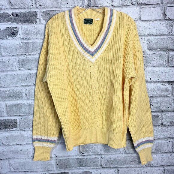 Vintage 80s 90s Izod V-Neck Chunky Rib Knit Preppy Golf Sweater - Picture 1 of 9